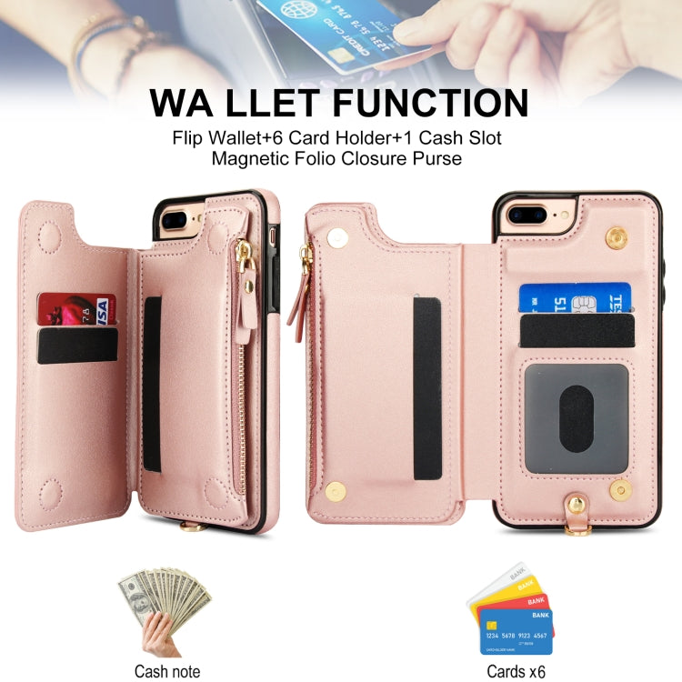 For iPhone 8 Plus / 7 Plus Double Flap Zipper RFID Leather Phone Case with Short Lanyard(Rose Gold) - More iPhone Cases by buy2fix | Online Shopping UK | buy2fix