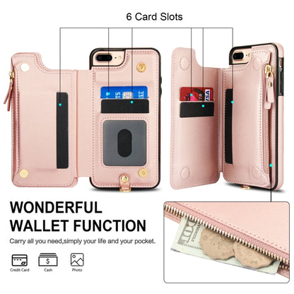 For iPhone 8 Plus / 7 Plus Double Flap Zipper RFID Leather Phone Case with Short Lanyard(Rose Gold) - More iPhone Cases by buy2fix | Online Shopping UK | buy2fix