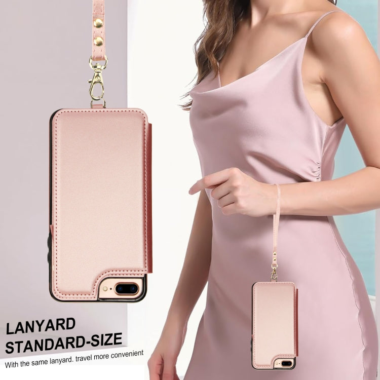 For iPhone 8 Plus / 7 Plus Double Flap Zipper RFID Leather Phone Case with Short Lanyard(Rose Gold) - More iPhone Cases by buy2fix | Online Shopping UK | buy2fix