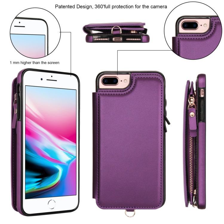 For iPhone 8 Plus / 7 Plus Double Flap Zipper RFID Leather Phone Case with Short Lanyard(Dark Purple) - More iPhone Cases by buy2fix | Online Shopping UK | buy2fix