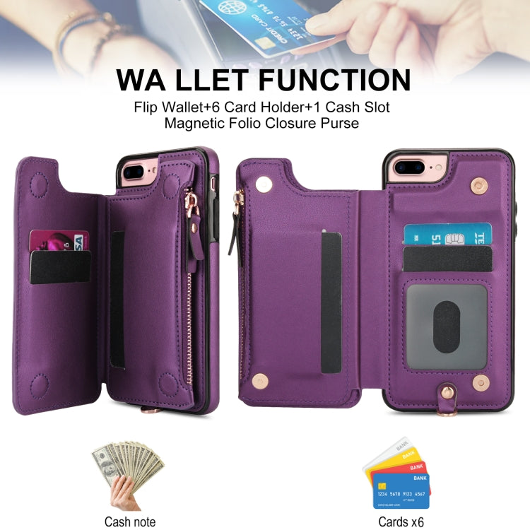 For iPhone 8 Plus / 7 Plus Double Flap Zipper RFID Leather Phone Case with Short Lanyard(Dark Purple) - More iPhone Cases by buy2fix | Online Shopping UK | buy2fix