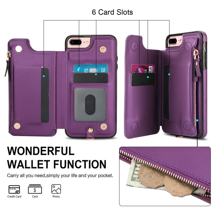 For iPhone 8 Plus / 7 Plus Double Flap Zipper RFID Leather Phone Case with Short Lanyard(Dark Purple) - More iPhone Cases by buy2fix | Online Shopping UK | buy2fix