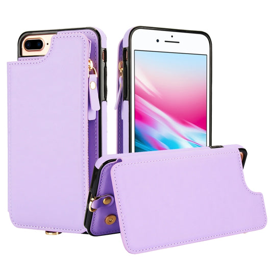 For iPhone 8 Plus / 7 Plus Double Flap Zipper RFID Leather Phone Case with Short Lanyard(Light Purple) - More iPhone Cases by buy2fix | Online Shopping UK | buy2fix