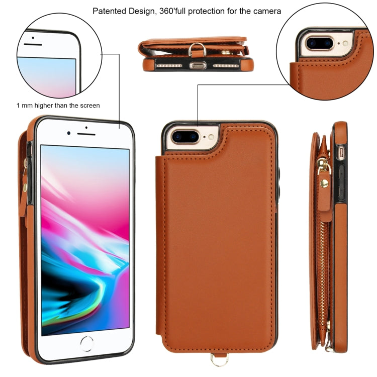 For iPhone 8 Plus / 7 Plus Double Flap Zipper RFID Leather Phone Case with Short Lanyard(Brown) - More iPhone Cases by buy2fix | Online Shopping UK | buy2fix