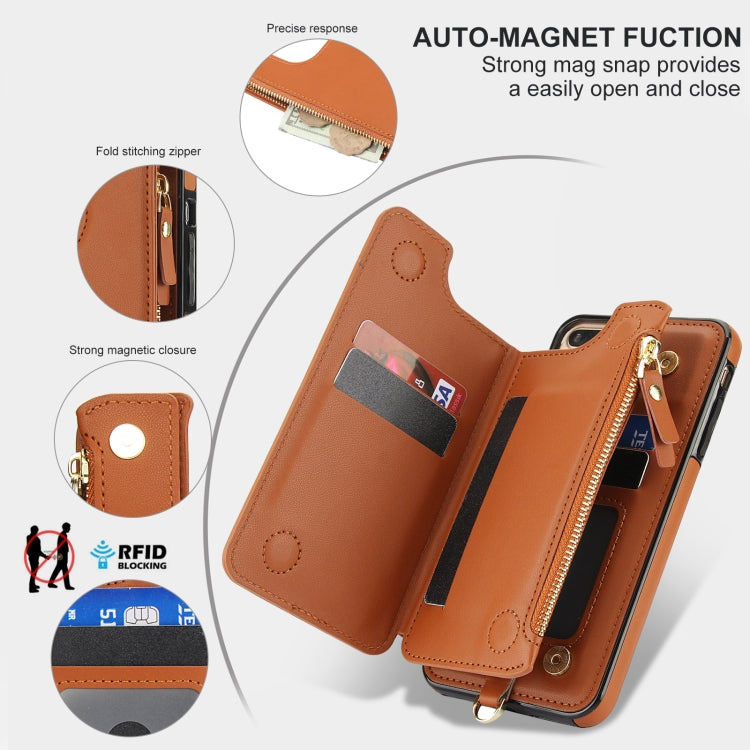 For iPhone 8 Plus / 7 Plus Double Flap Zipper RFID Leather Phone Case with Short Lanyard(Brown) - More iPhone Cases by buy2fix | Online Shopping UK | buy2fix