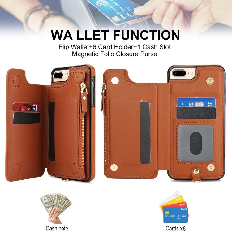 For iPhone 8 Plus / 7 Plus Double Flap Zipper RFID Leather Phone Case with Short Lanyard(Brown) - More iPhone Cases by buy2fix | Online Shopping UK | buy2fix