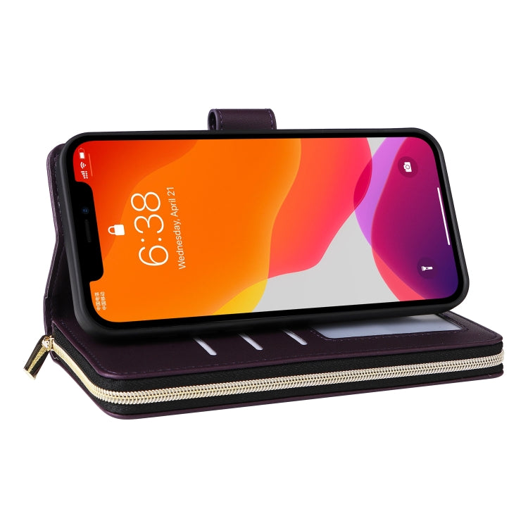 For iPhone 12 / 12 Pro Nine-card Slots Zipper Wallet Bag Leather Phone Case(Dark Purple) - iPhone 12 / 12 Pro Cases by buy2fix | Online Shopping UK | buy2fix