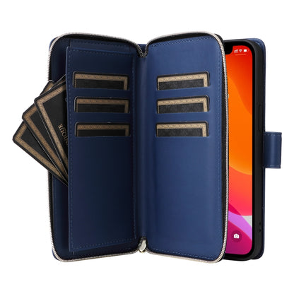 For iPhone 12 / 12 Pro Nine-card Slots Zipper Wallet Bag Leather Phone Case(Blue) - iPhone 12 / 12 Pro Cases by buy2fix | Online Shopping UK | buy2fix