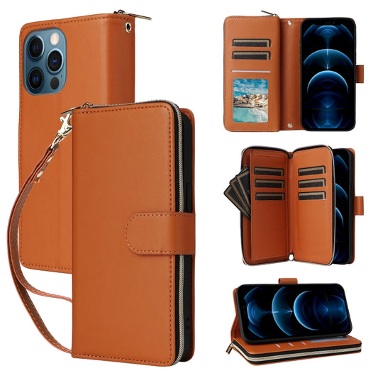 For iPhone 12 Pro Max Nine-card Slots Zipper Wallet Bag Leather Phone Case(Brown) - iPhone 12 Pro Max Cases by buy2fix | Online Shopping UK | buy2fix