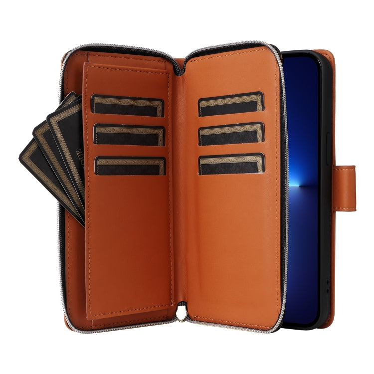 For iPhone 13 Pro Max Nine-card Slots Zipper Wallet Bag Leather Phone Case(Brown) - iPhone 13 Pro Max Cases by buy2fix | Online Shopping UK | buy2fix