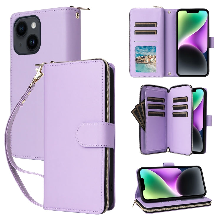 For iPhone 14 / 13 Nine-card Slots Zipper Wallet Bag Leather Phone Case(Light Purple) - iPhone 14 Cases by buy2fix | Online Shopping UK | buy2fix