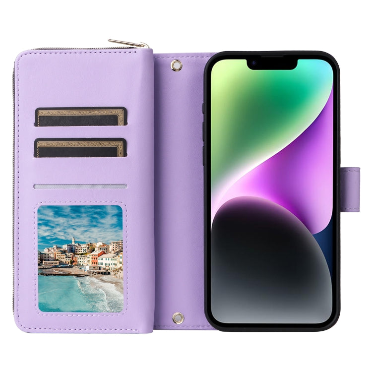 For iPhone 14 / 13 Nine-card Slots Zipper Wallet Bag Leather Phone Case(Light Purple) - iPhone 14 Cases by buy2fix | Online Shopping UK | buy2fix