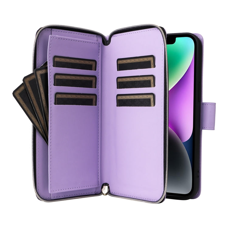 For iPhone 14 / 13 Nine-card Slots Zipper Wallet Bag Leather Phone Case(Light Purple) - iPhone 14 Cases by buy2fix | Online Shopping UK | buy2fix