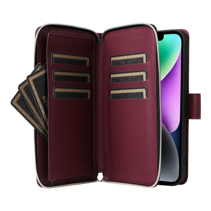 For iPhone 14 / 13 Nine-card Slots Zipper Wallet Bag Leather Phone Case(Wine Red) - iPhone 14 Cases by buy2fix | Online Shopping UK | buy2fix