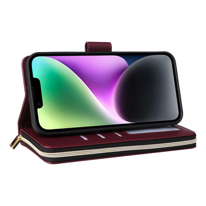 For iPhone 14 / 13 Nine-card Slots Zipper Wallet Bag Leather Phone Case(Wine Red) - iPhone 14 Cases by buy2fix | Online Shopping UK | buy2fix