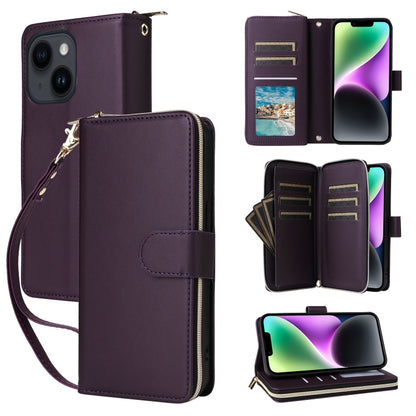 For iPhone 14 / 13 Nine-card Slots Zipper Wallet Bag Leather Phone Case(Dark Purple) - iPhone 14 Cases by buy2fix | Online Shopping UK | buy2fix