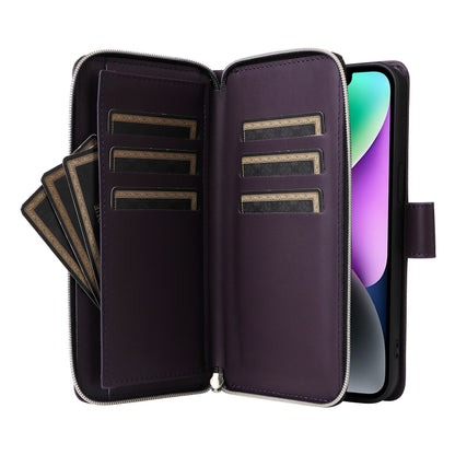 For iPhone 14 / 13 Nine-card Slots Zipper Wallet Bag Leather Phone Case(Dark Purple) - iPhone 14 Cases by buy2fix | Online Shopping UK | buy2fix