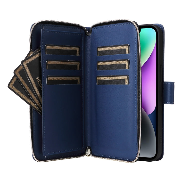 For iPhone 14 / 13 Nine-card Slots Zipper Wallet Bag Leather Phone Case(Blue) - iPhone 14 Cases by buy2fix | Online Shopping UK | buy2fix