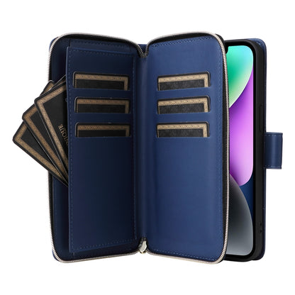For iPhone 14 / 13 Nine-card Slots Zipper Wallet Bag Leather Phone Case(Blue) - iPhone 14 Cases by buy2fix | Online Shopping UK | buy2fix
