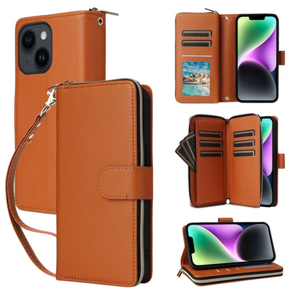 For iPhone 14 / 13 Nine-card Slots Zipper Wallet Bag Leather Phone Case(Brown) - iPhone 14 Cases by buy2fix | Online Shopping UK | buy2fix