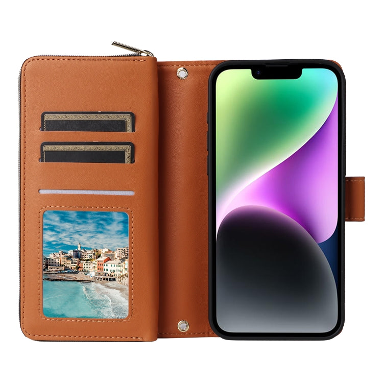 For iPhone 14 / 13 Nine-card Slots Zipper Wallet Bag Leather Phone Case(Brown) - iPhone 14 Cases by buy2fix | Online Shopping UK | buy2fix