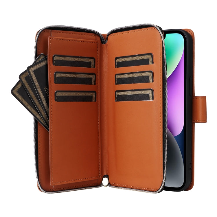 For iPhone 14 / 13 Nine-card Slots Zipper Wallet Bag Leather Phone Case(Brown) - iPhone 14 Cases by buy2fix | Online Shopping UK | buy2fix