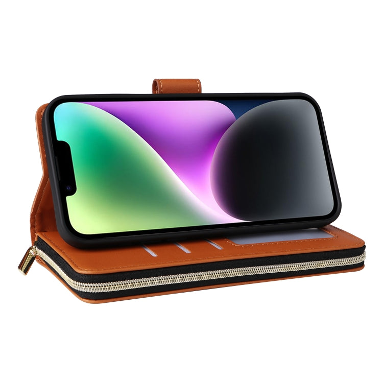 For iPhone 14 / 13 Nine-card Slots Zipper Wallet Bag Leather Phone Case(Brown) - iPhone 14 Cases by buy2fix | Online Shopping UK | buy2fix