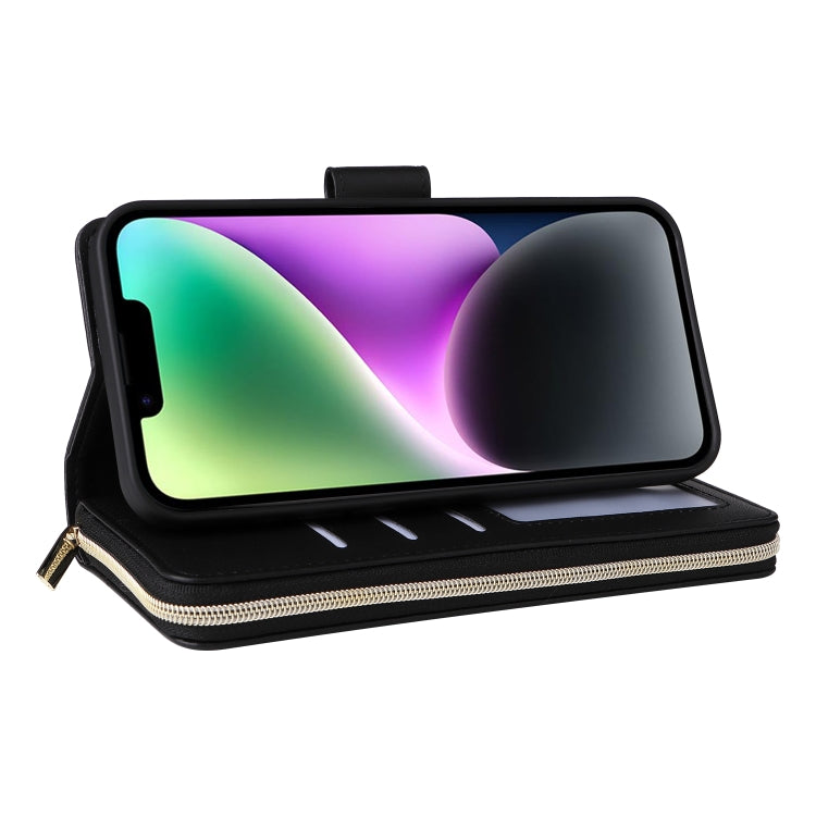 For iPhone 14 / 13 Nine-card Slots Zipper Wallet Bag Leather Phone Case(Black) - iPhone 14 Cases by buy2fix | Online Shopping UK | buy2fix