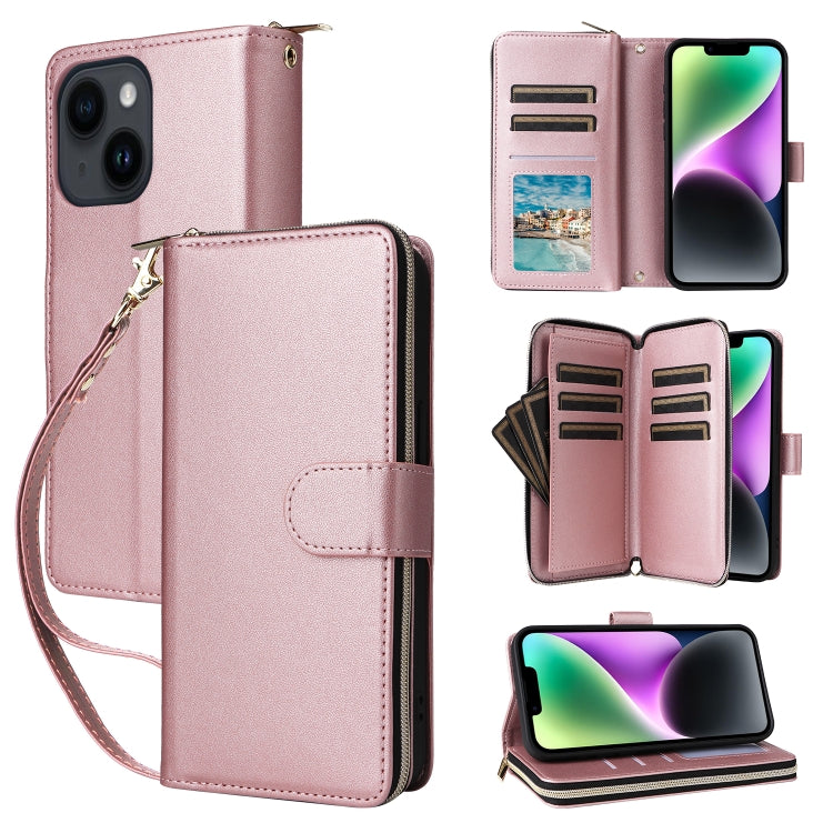 For iPhone 14 / 13 Nine-card Slots Zipper Wallet Bag Leather Phone Case(Rose Gold) - iPhone 14 Cases by buy2fix | Online Shopping UK | buy2fix