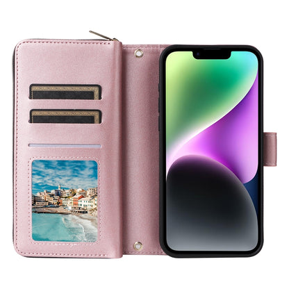 For iPhone 14 / 13 Nine-card Slots Zipper Wallet Bag Leather Phone Case(Rose Gold) - iPhone 14 Cases by buy2fix | Online Shopping UK | buy2fix
