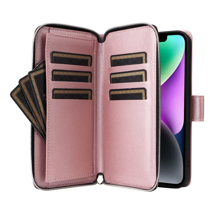 For iPhone 14 / 13 Nine-card Slots Zipper Wallet Bag Leather Phone Case(Rose Gold) - iPhone 14 Cases by buy2fix | Online Shopping UK | buy2fix