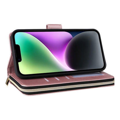 For iPhone 14 / 13 Nine-card Slots Zipper Wallet Bag Leather Phone Case(Rose Gold) - iPhone 14 Cases by buy2fix | Online Shopping UK | buy2fix