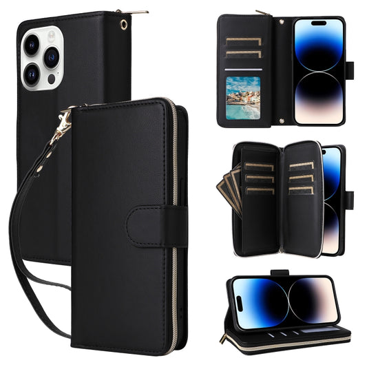 For iPhone 14 Pro Nine-card Slots Zipper Wallet Bag Leather Phone Case(Black) - iPhone 14 Pro Cases by buy2fix | Online Shopping UK | buy2fix