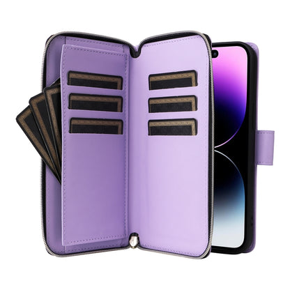 For iPhone 14 Pro Max Nine-card Slots Zipper Wallet Bag Leather Phone Case(Light Purple) - iPhone 14 Pro Max Cases by buy2fix | Online Shopping UK | buy2fix