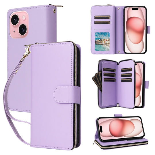 For iPhone 15 Nine-card Slots Zipper Wallet Bag Leather Phone Case(Light Purple)