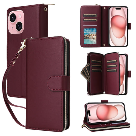 For iPhone 15 Nine-card Slots Zipper Wallet Bag Leather Phone Case(Wine Red)