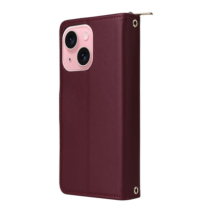 For iPhone 15 Nine-card Slots Zipper Wallet Bag Leather Phone Case(Wine Red) - iPhone 15 Cases by buy2fix | Online Shopping UK | buy2fix