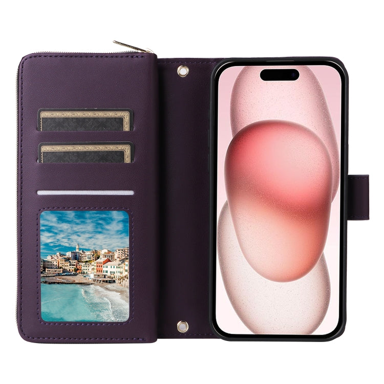 For iPhone 15 Nine-card Slots Zipper Wallet Bag Leather Phone Case(Dark Purple) - iPhone 15 Cases by buy2fix | Online Shopping UK | buy2fix