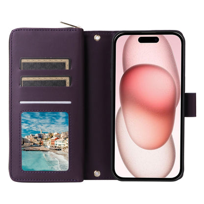 For iPhone 15 Nine-card Slots Zipper Wallet Bag Leather Phone Case(Dark Purple) - iPhone 15 Cases by buy2fix | Online Shopping UK | buy2fix