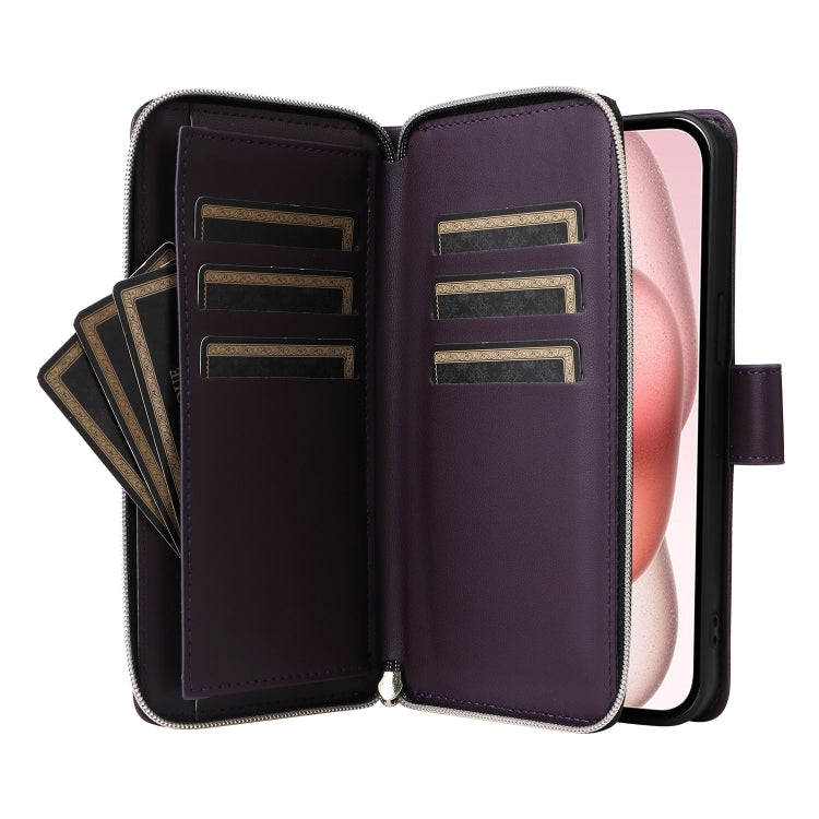 For iPhone 15 Nine-card Slots Zipper Wallet Bag Leather Phone Case(Dark Purple) - iPhone 15 Cases by buy2fix | Online Shopping UK | buy2fix