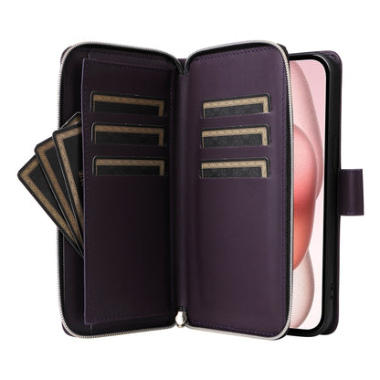 For iPhone 15 Nine-card Slots Zipper Wallet Bag Leather Phone Case(Dark Purple) - iPhone 15 Cases by buy2fix | Online Shopping UK | buy2fix