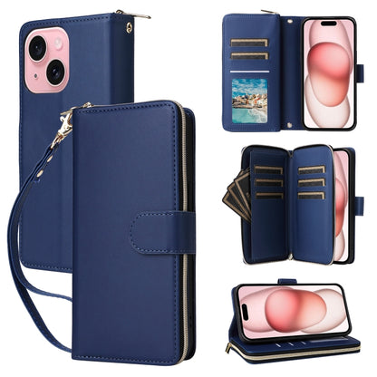 For iPhone 15 Nine-card Slots Zipper Wallet Bag Leather Phone Case(Blue) - iPhone 15 Cases by buy2fix | Online Shopping UK | buy2fix