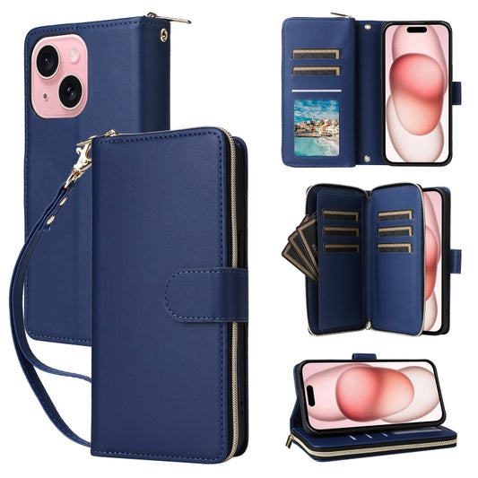 For iPhone 15 Nine-card Slots Zipper Wallet Bag Leather Phone Case(Blue) - iPhone 15 Cases by buy2fix | Online Shopping UK | buy2fix