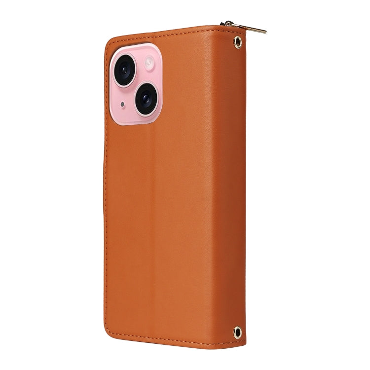 For iPhone 15 Nine-card Slots Zipper Wallet Bag Leather Phone Case(Brown) - iPhone 15 Cases by buy2fix | Online Shopping UK | buy2fix