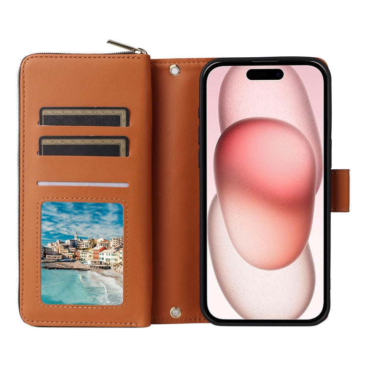 For iPhone 15 Nine-card Slots Zipper Wallet Bag Leather Phone Case(Brown) - iPhone 15 Cases by buy2fix | Online Shopping UK | buy2fix