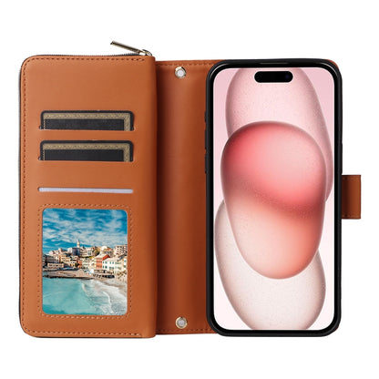 For iPhone 15 Nine-card Slots Zipper Wallet Bag Leather Phone Case(Brown) - iPhone 15 Cases by buy2fix | Online Shopping UK | buy2fix