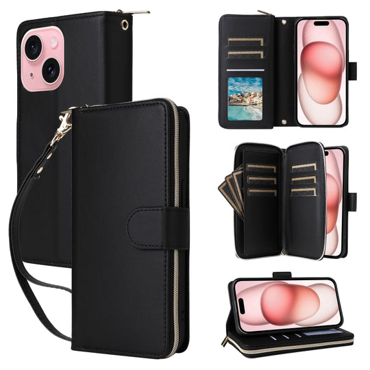 For iPhone 15 Nine-card Slots Zipper Wallet Bag Leather Phone Case(Black)