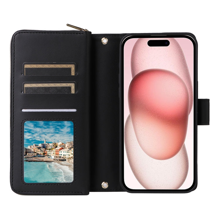 For iPhone 15 Nine-card Slots Zipper Wallet Bag Leather Phone Case(Black) - iPhone 15 Cases by buy2fix | Online Shopping UK | buy2fix