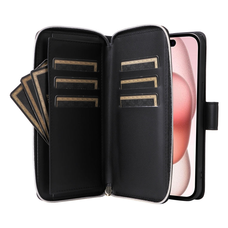 For iPhone 15 Nine-card Slots Zipper Wallet Bag Leather Phone Case(Black) - iPhone 15 Cases by buy2fix | Online Shopping UK | buy2fix