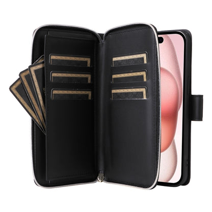 For iPhone 15 Nine-card Slots Zipper Wallet Bag Leather Phone Case(Black) - iPhone 15 Cases by buy2fix | Online Shopping UK | buy2fix